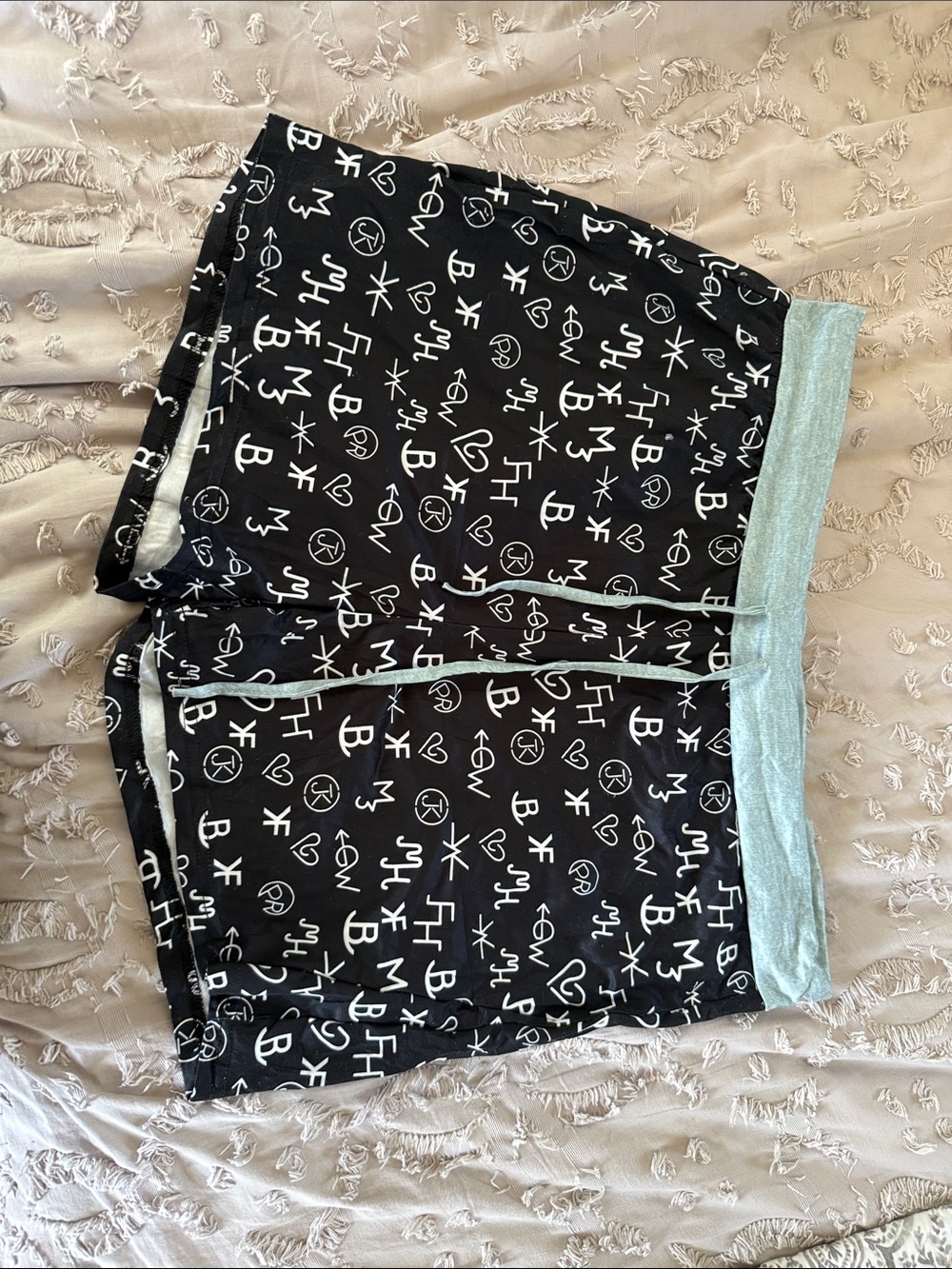 Black Patterned Lounge Shorts with Light Blue Waistband